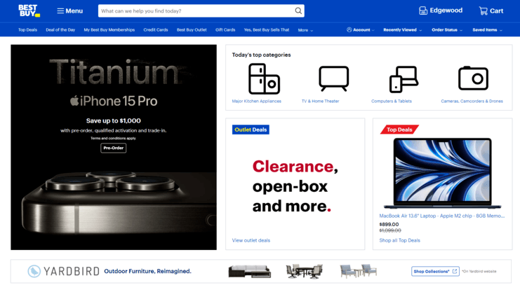 Best Buy website on desktop includes full-width content across the screen and a full navigation menu