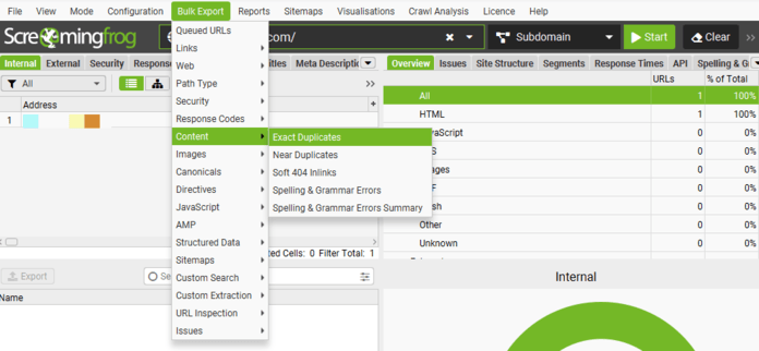 Screaming Frog duplicate content report