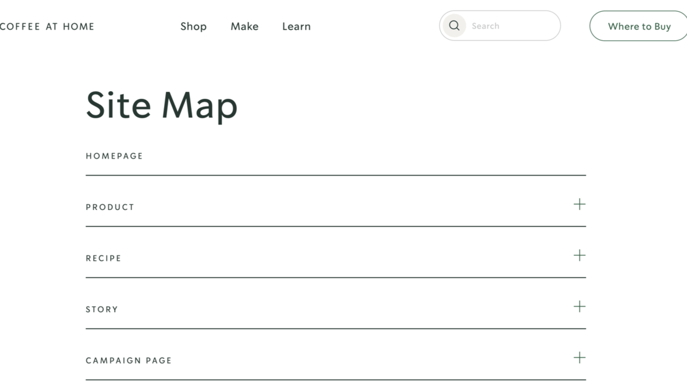 Sitemap with expandable product categories