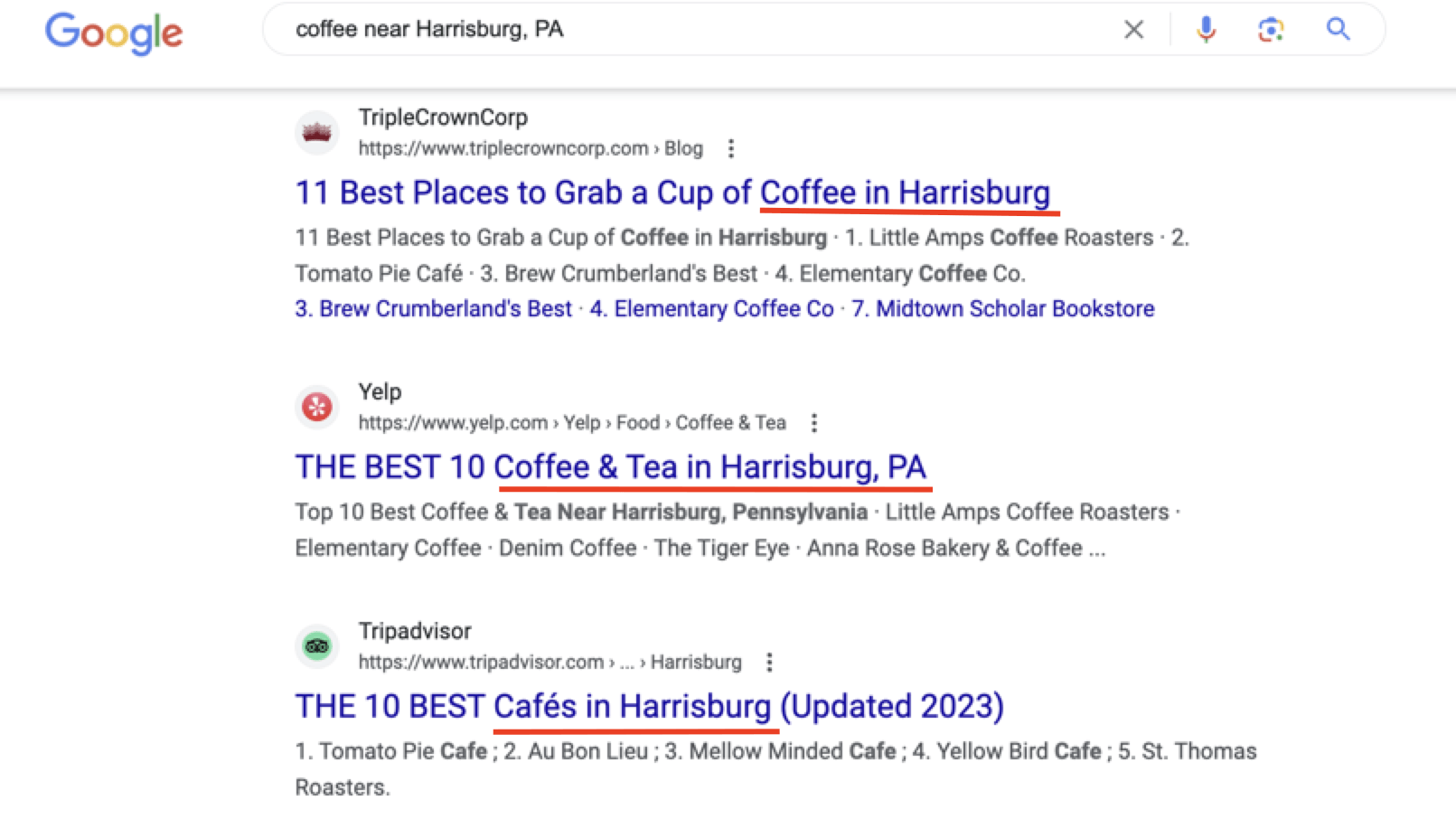 Search results for "coffee near Harrisburg, PA," which all include a variation of the location and keyword in the title