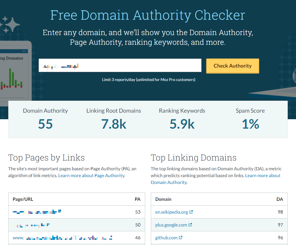 Moz Domain Authority Checker tool