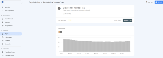 Google Search Console noindex tags report 