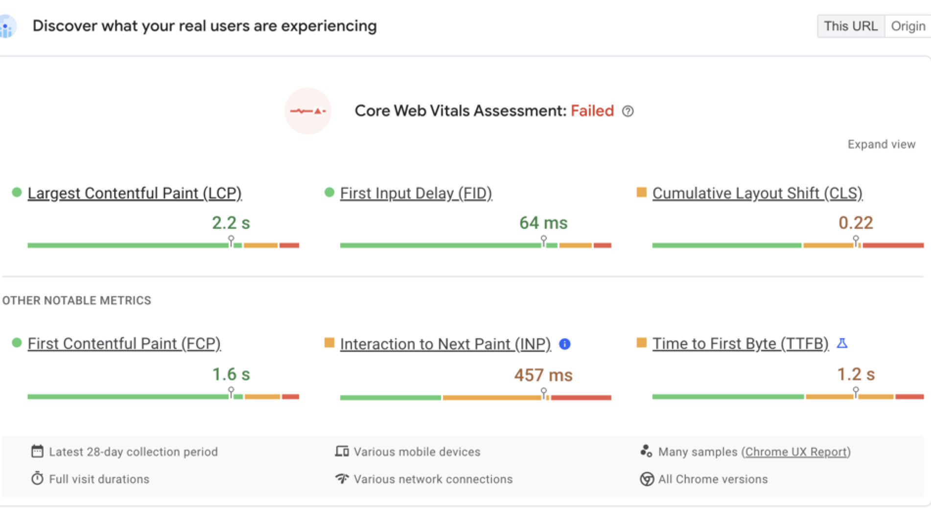 Results for a Core Web Vitals Assessment on Google's PageSpeed Insights