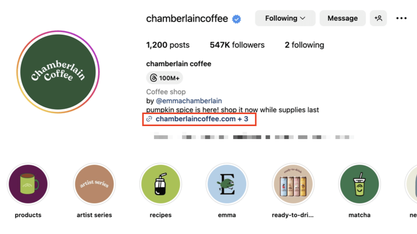 Instagram profile for Chamberlain Coffee, with a link to the website in their bio